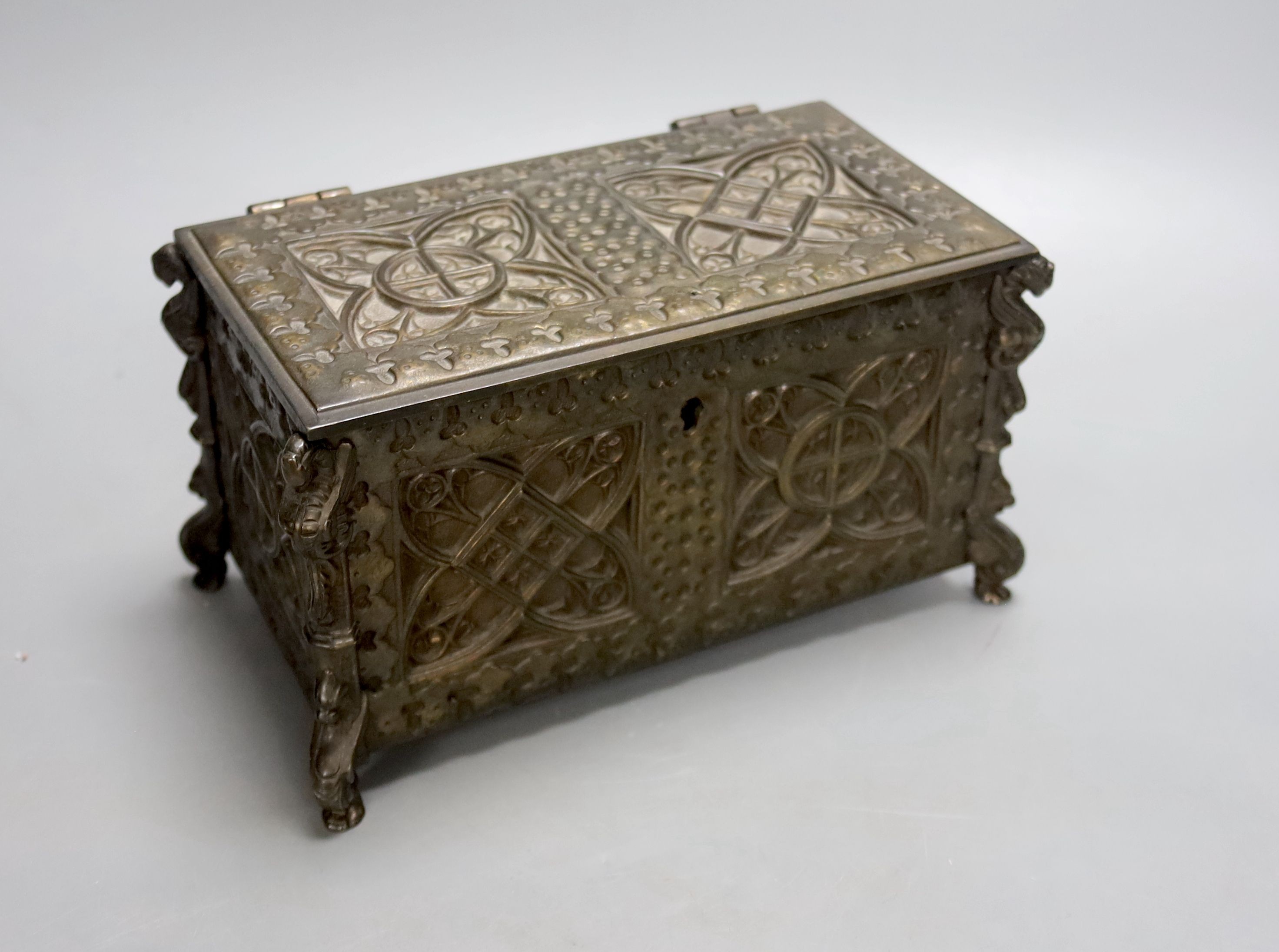 A Gothic style bronze casket, 20 cms wide x 11 cms high.